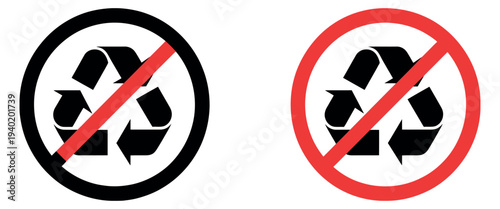 No Recycling Forbidden Sign Icon Illustration Featuring Crossed Recycle Arrow Symbol in Circular Warning Badge Design