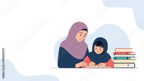 Loving Muslim mother attentively assists her daughter with studies or homework, surrounded by stacked books, symbolizing dedicated education and family learning.