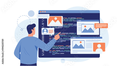 Man interactively manages multiple web pages displaying code, images, and user profiles, symbolizing efficient web development and comprehensive content management.