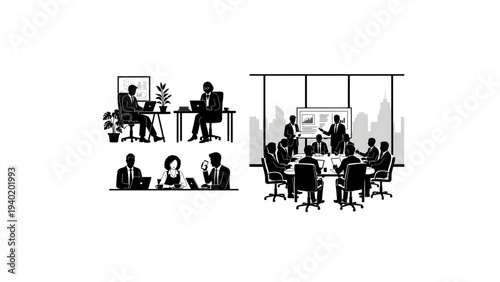 Business People Silhouettes Vector – Working Remotely and in Office Meetings in Office Room on White Background
