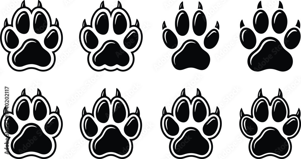 Fototapeta premium Set of four black paw print icons arranged in a grid pattern for animal-themed designs