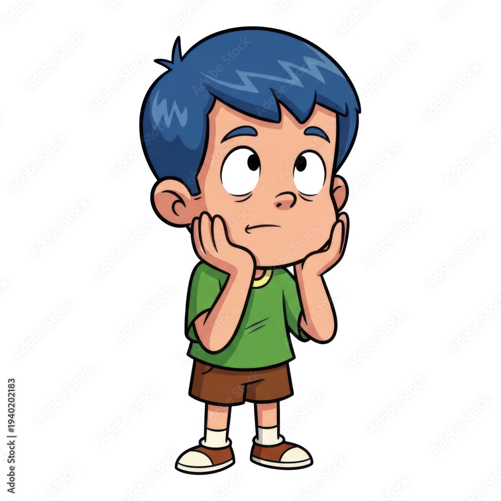 Fototapeta premium Curious young boy thinking with hands on his head in a casual pose isolated on transparent background
