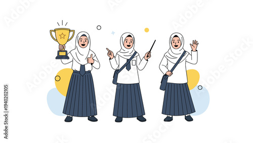 Three cartoon illustrations of a happy Muslim schoolgirl in uniform, showcasing her achievement with a trophy, pointing, and waving cheerfully.
