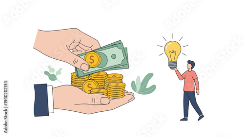 Large hand exchanges money for a lightbulb held by a man, symbolizing investment in innovative ideas, creative solutions, and intellectual property.