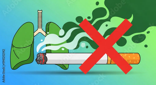 No smoking concept with red cross cigarette and healthy lungs against toxic smoke on blue green background