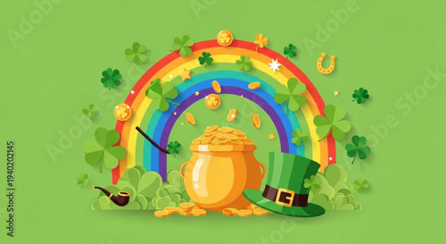 St patrick's day illustration with rainbow pot of gold leprechaun hat shamrocks and coins on green background