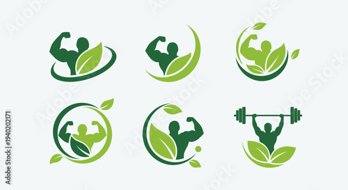 Eco Fitness Logo Set – Green Gym and Healthy Lifestyle Vector Collection