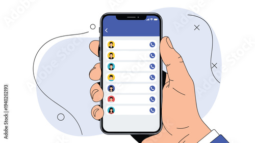 Hand holds a smartphone displaying a contact list with call icons, symbolizing communication, phone calls, and mobile networking.