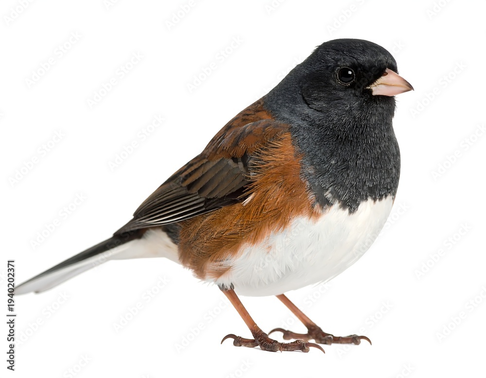 Obraz premium Perched bird with black head, brown flanks, and white belly stands with alert pose on a pristine white background