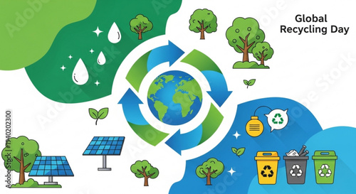 Earth surrounded by recycling symbols solar panels trees and trash cans on global recycling day