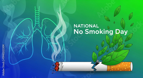 National no smoking day illustration with cigarette and green leaves emerging from tobacco smoke on blue green background