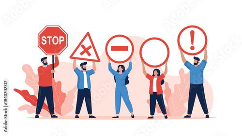 Group of diverse people holding various warning and prohibitory signs, including stop, danger, no entry, and exclamation marks, symbolizing caution and rules.