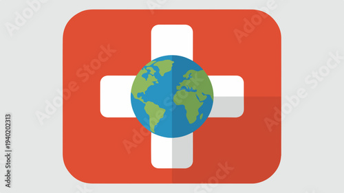 Global healthcare symbol with white cross and earth on orange background representing international medical aid and wellness concept