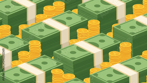 Seamless pattern featuring abundant stacks of cash bundles and golden coins, symbolizing wealth, financial prosperity, and banking.
