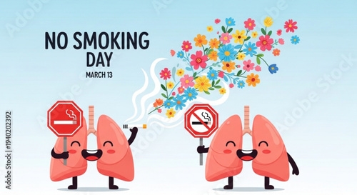 Smiling cartoon lungs hold no smoking signs on no smoking day march 13 promoting healthy living with colorful flowers