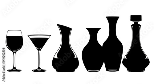 Silhouette of wine glasses and decanters on white background black shapes for beverage service