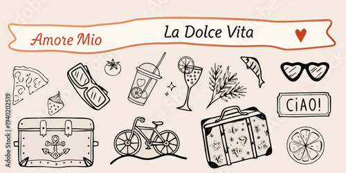 A charming doodle collection showcasing italian summer lifestyle elements