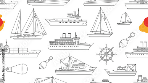 Seamless pattern showcasing various outlined ships, including sailboats, cargo ships, and cruise liners, alongside nautical elements like buoys and a ship's wheel.