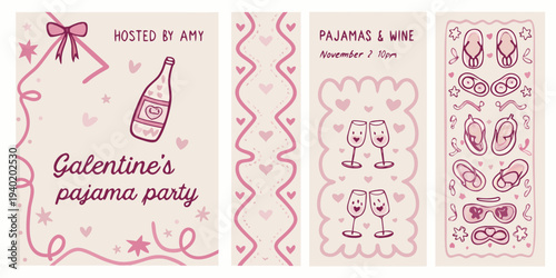 Galentine s pajama party invitation with wine slippers and heart motifs