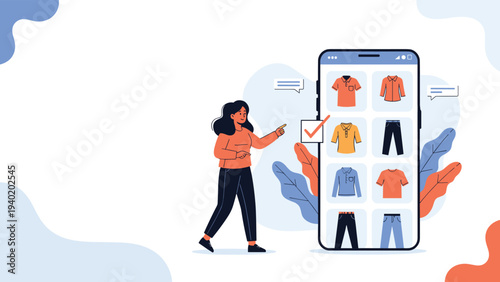 Woman browses and selects clothing items on a mobile phone shopping app, illustrating online fashion retail and e-commerce convenience.