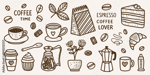 A charming doodle collection featuring coffee pastries and related elements