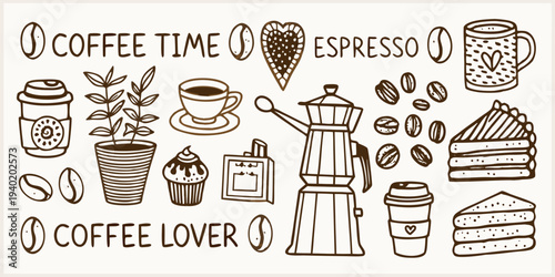 Hand drawn coffee illustration featuring various beverages and sweet treats