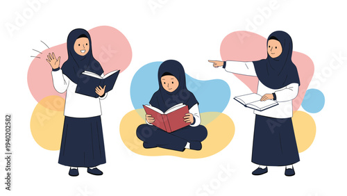 Three cartoon illustrations of a Muslim schoolgirl in hijab, actively engaged in learning, waving, and pointing, symbolizing education and communication.