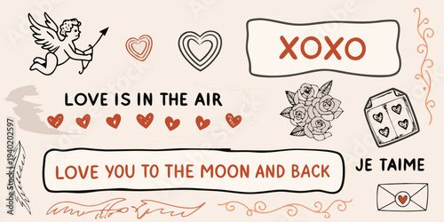 Valentine s day doodles featuring hearts cupid and affectionate phrases