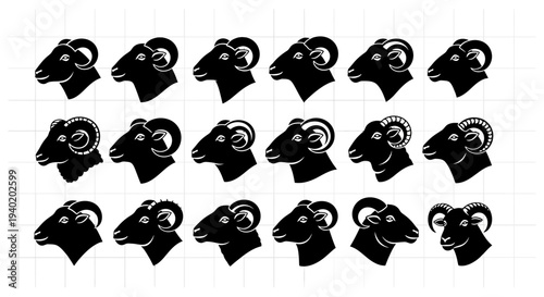 Collection of black ram head silhouettes with curved horns on white background side profiles