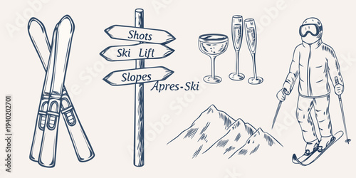 A whimsical sketch depicting elements of skiing and apr s ski culture