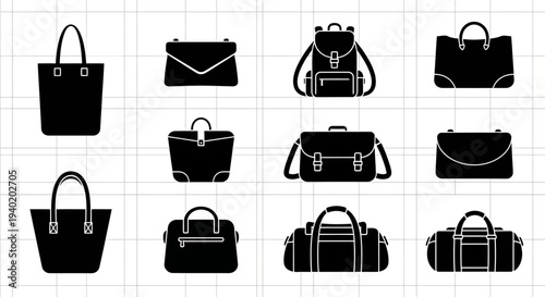 Collection of various black handbag and luggage silhouettes on grid background