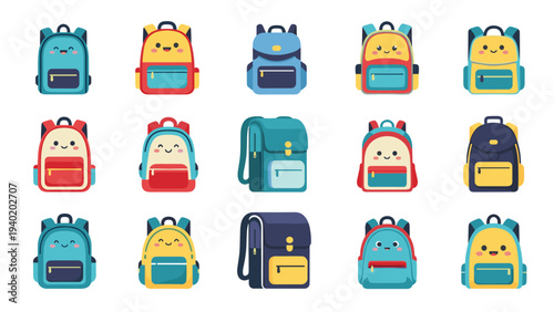 Collection of various colorful cartoon school backpacks, featuring cute designs and some with adorable facial expressions, perfect for children.