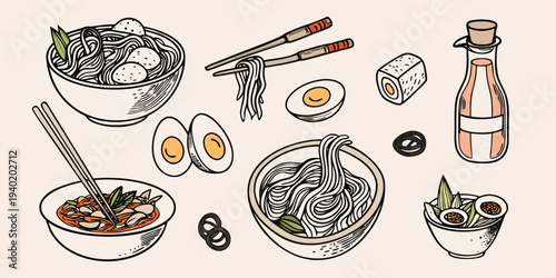 A colorful illustration of ramen eggs and japanese culinary elements
