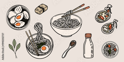 A colorful illustration of various asian noodle dishes and dining elements