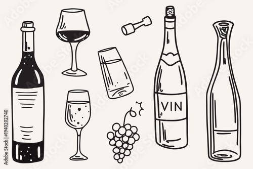 A collection of hand drawn wine bottles glasses and related items