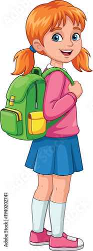 Cartoon schoolgirl with orange hair pigtails, pink shirt, blue skirt, backpack, cheerful student icon