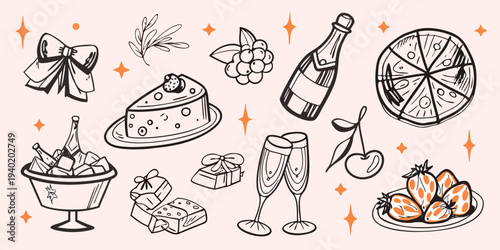 Celebratory doodles featuring champagne cake gifts and festive decorations