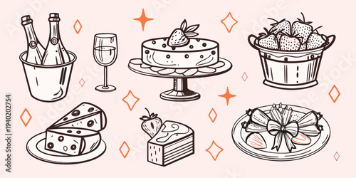 A festive sketch featuring champagne cake strawberries and other desserts