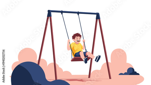 Happy child joyfully swings on a playground swing set, depicting childhood fun, outdoor activity, and carefree playtime.