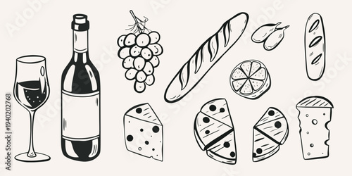 A charming black and white sketch of wine cheese and french bread