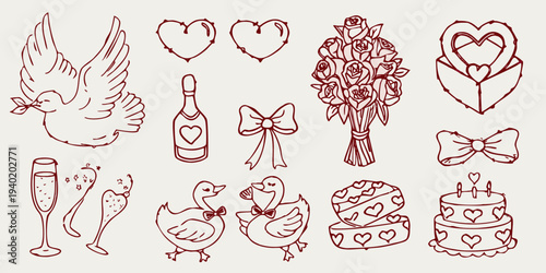 Romantic doodle set featuring birds hearts and celebratory items