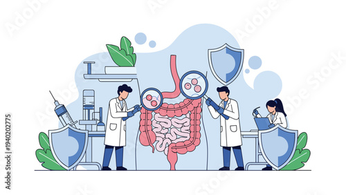 Doctors meticulously examine a human intestine with magnifying glasses, surrounded by medical equipment and shield icons, representing gut health research and protection.