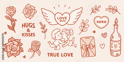 Romantic doodles featuring roses hearts and a couple in love