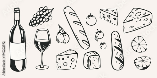 A collection of hand drawn food items including wine cheese and fruit