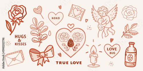 A collection of hand drawn romantic illustrations and valentine s day themed items