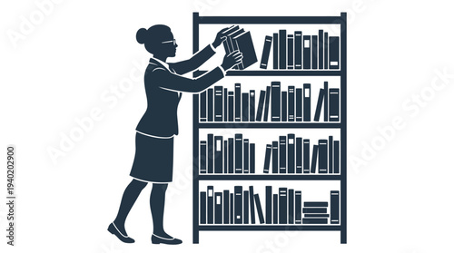 Businesswoman organizing books on office bookshelf with precision