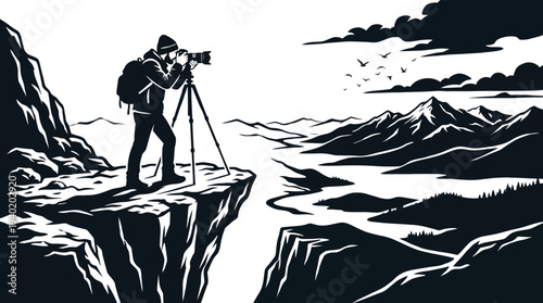 Photographer capturing stunning mountain landscape on cliff edge