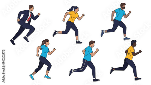 Group of diverse people, including men and women in various attire, enthusiastically running, symbolizing fitness, health, and an active lifestyle.