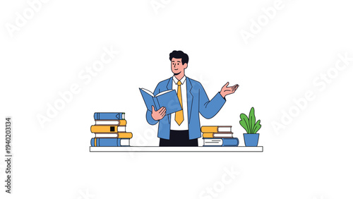 Businessman stands confidently, holding a book and gesturing, surrounded by stacks of books and a plant, symbolizing education, knowledge, and presentation.