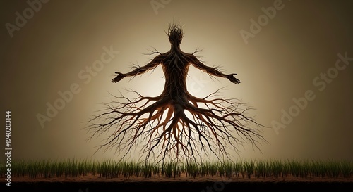 Human silhouette with tree roots and grassy ground against a neutral background.